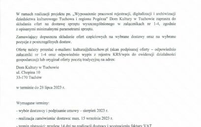 Zaproszenie do składania ofert na wyposażenie pracowni rejestracji, digitalizacji i archiwizacji dziedzictwa kulturowego Tuchowa i regionu Pogórza